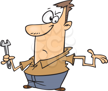 Royalty Free Clipart Image of a Guy With a Wrench and a Twisted Arm