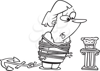 Royalty Free Clipart Image of a Woman Trying to Stay Away From Cake