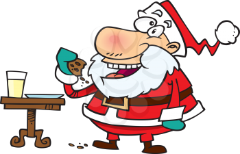 Royalty Free Clipart Image of a Santa Having Milk and Cookies