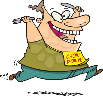Royalty Free Clipart Image of a Man With a Chow Down Bib On Running to Eat