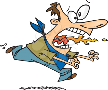 Royalty Free Clipart Image of a Man Wearing a Bib Running With Flames Coming From His Mouth