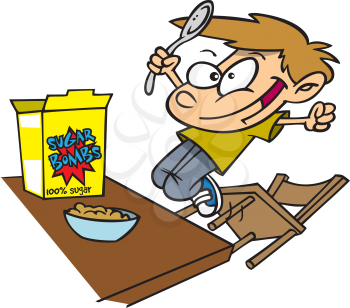 Royalty Free Clipart Image of a Kid Hyped Up on Sugar Cereal