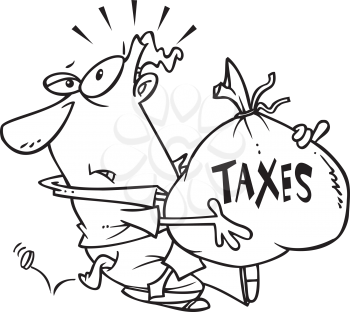 Royalty Free Clipart Image of a Man With a Big Bag of Money for Taxes and a Coin Falling Out of His Pocket
