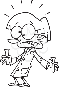 Royalty Free Clipart Image of a Science Teacher Looking Scared Holding Beakers