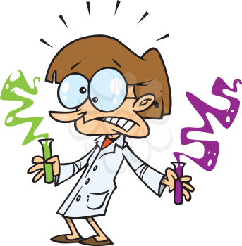 Royalty Free Clipart Image of a Science Teacher Looking Scared Holding Beakers