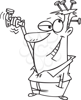 Royalty Free Clipart Image of a Man With a Hammer and Nails in His Head