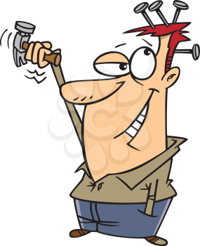 Royalty Free Clipart Image of a Man With a Hammer and Nails in His Head
