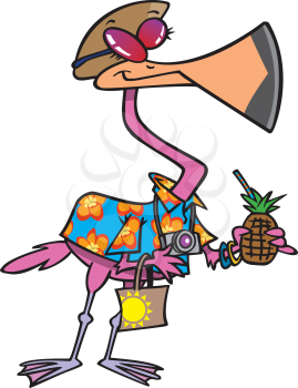 Royalty Free Clipart Image of a Bird in Tourist Clothes With Tropical Drink
