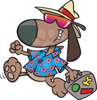 Royalty Free Clipart Image of a Dog in Tourist Clothes With a Suitcase