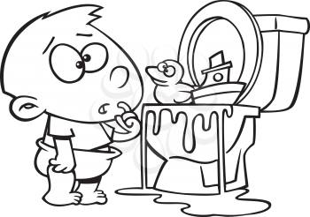 Royalty Free Clipart Image of a Baby Stuffing Toys in a Toilet