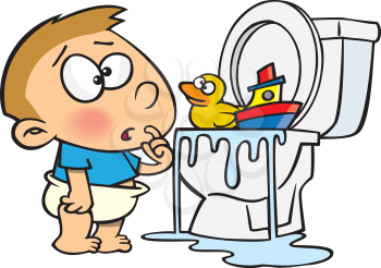 Royalty Free Clipart Image of a Baby Stuffing Toys in a Toilet