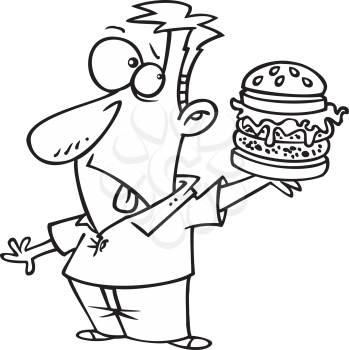 Royalty Free Clipart Image of a Guy Looking Disgustedly at a Burger