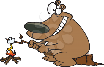 Royalty Free Clipart Image of a Bear Toasting Marshmallows