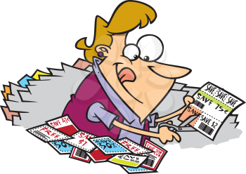 Royalty Free Clipart Image of a Woman Clipping Coupons