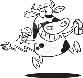 Royalty Free Clipart Image of a Cow With an Ice Cream Cone and Milk