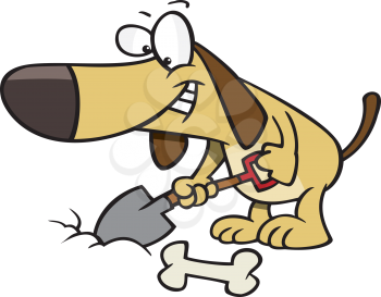 Royalty Free Clipart Image of a Dog Digging a Hole for a Bone With a Shovel