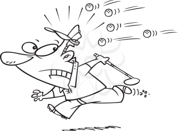 Royalty Free Clipart Image of a Golfer Running From Golf Balls