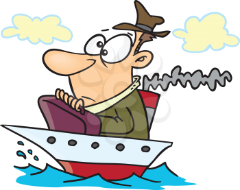 Royalty Free Clipart Image of a Big Man in a Small Ship
