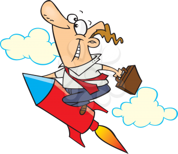 Royalty Free Clipart Image of a Businessman on a Rocket Ship