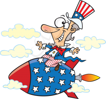 Royalty Free Clipart Image of Uncle Same on a Rocket Ship