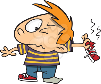 Royalty Free Clipart Image of a Boy With a Smelly Sneaker