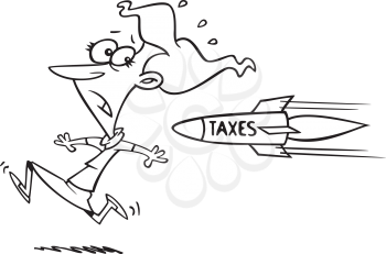 Royalty Free Clipart Image of a Woman Being Chased by a Taxes Rocket
