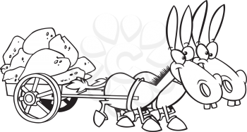 Royalty Free Clipart Image of a Pair of Donkeys Pulling a Load