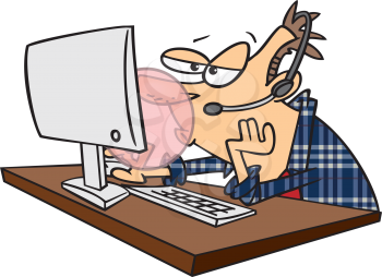 Royalty Free Clipart Image of a Guy at a Computer Blowing a Bubble