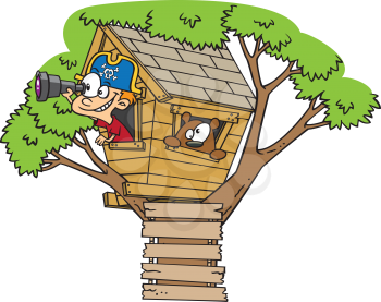 Royalty Free Clipart Image of a Boy in a Treehouse