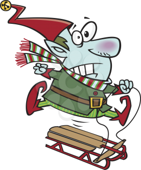 Royalty Free Clipart Image of an Elf on a Sled
