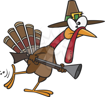 Royalty Free Clipart Image of a Turkey in a Pilgrim Hat With a Gun