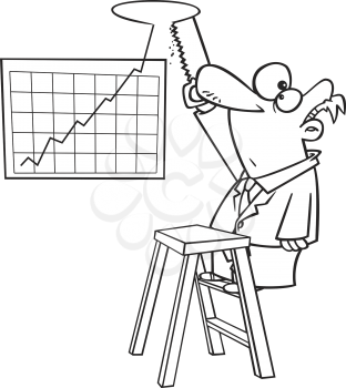 Royalty Free Clipart Image of a Man Cutting a Hole in the Ceiling for a Rising Graph