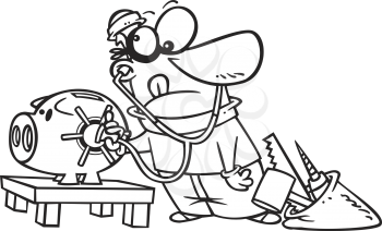Royalty Free Clipart Image of a Thief Breaking Into a Piggybank