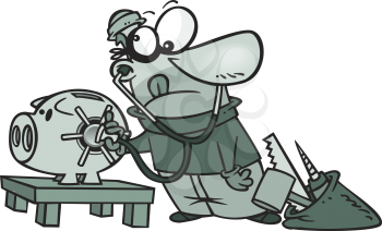 Royalty Free Clipart Image of a Man Breaking Into a Piggybank