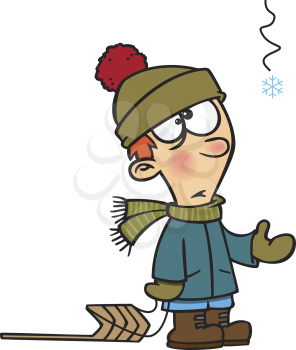 Royalty Free Clipart Image of a Boy With a Sled and a Single Snowflake