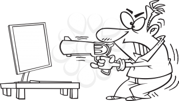 Royalty Free Clipart Image of a Man Holding a Gun at a Computer