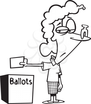 Royalty Free Clipart Image of a Woman With a Clothespin on Her Nose Putting Her Ballot in the Box