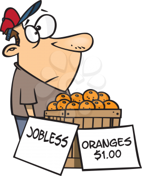 Royalty Free Clipart Image of an Unemployed Man Selling Oranges