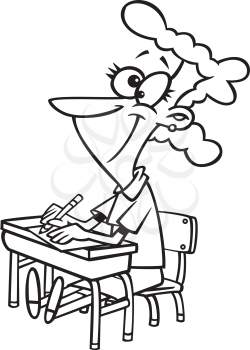 Royalty Free Clipart Image of a Woman at a Little School Desk