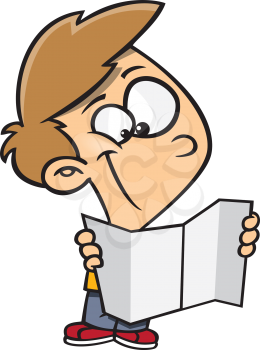 Royalty Free Clipart Image of a Child Reading a Pamphlet or Map