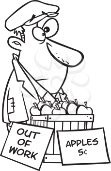 Royalty Free Clipart Image of an Out of Work Man Selling Apples