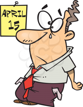 Royalty Free Clipart Image of a Man Looking at an April 15 Calendar Page and Crying