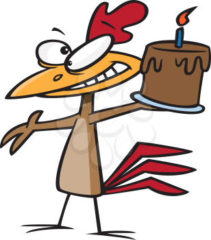 Royalty Free Clipart Image of a Chicken Holding a Birthday Cake