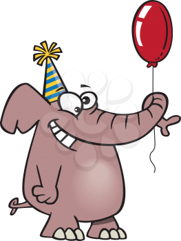 Royalty Free Clipart Image of an Elephant Holding a Balloon