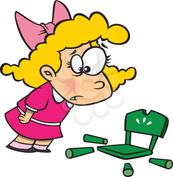 Royalty Free Clipart Image of a Girl Looking at a Broken Chair