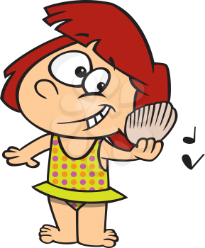 Royalty Free Clipart Image of a Girl Listening to a Seashell