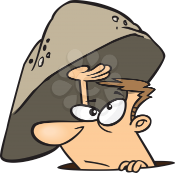 Royalty Free Clipart Image of a Man Hiding Under a Rock