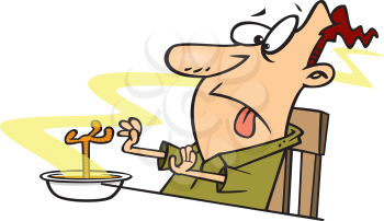 Royalty Free Clipart Image of a Man Looking at a Foot in His Soup