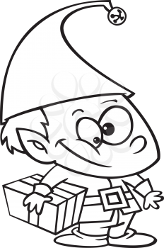 Royalty Free Clipart Image of an Elf Holding a Present