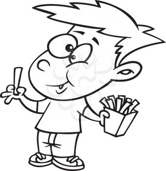 Royalty Free Clipart Image of a Boy Eating French Fries
